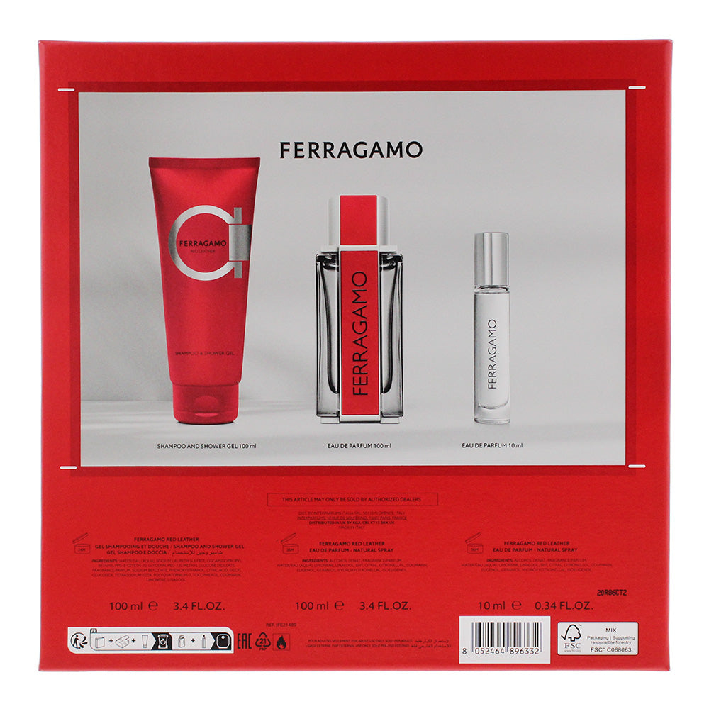 Salvatore Ferragamo Red Leather 3 Piece Gift Set: EDP 100ml - EDP 10ml - Shower 