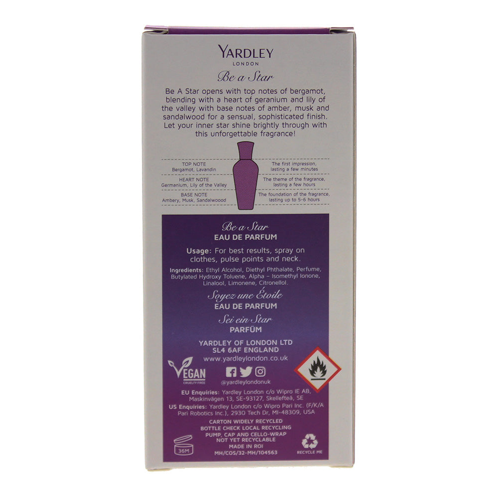 Yardley Be A Star Eau De Parfum 30ml - Ingredients
