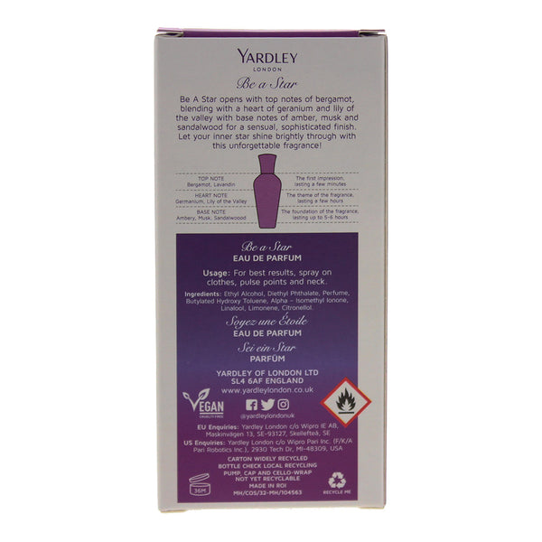 Yardley Be A Star Eau De Parfum 30ml - Ingredients
