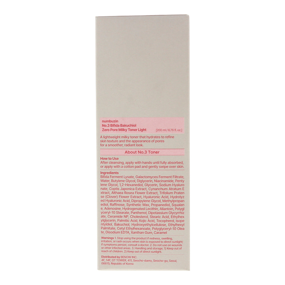 Numbuzin No. 3 Bifida Bakuchiol Zero Pore Milk Toner 200ml - Ingredients