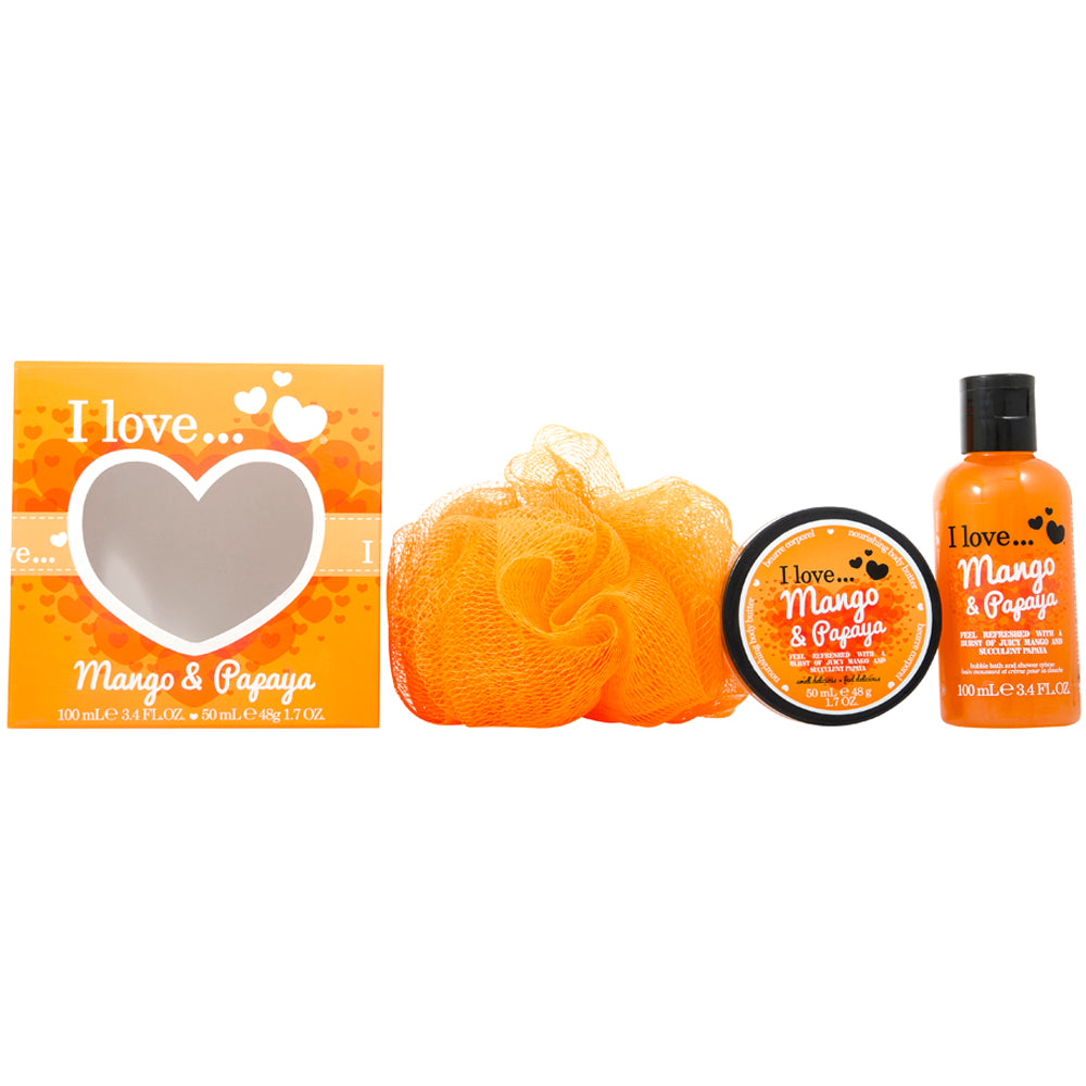 I Love Mango & Papaya Bath & Body 3 Piece Gift Set: Body Puff Body Butter 50 ml - Bubble Bath 100 ml