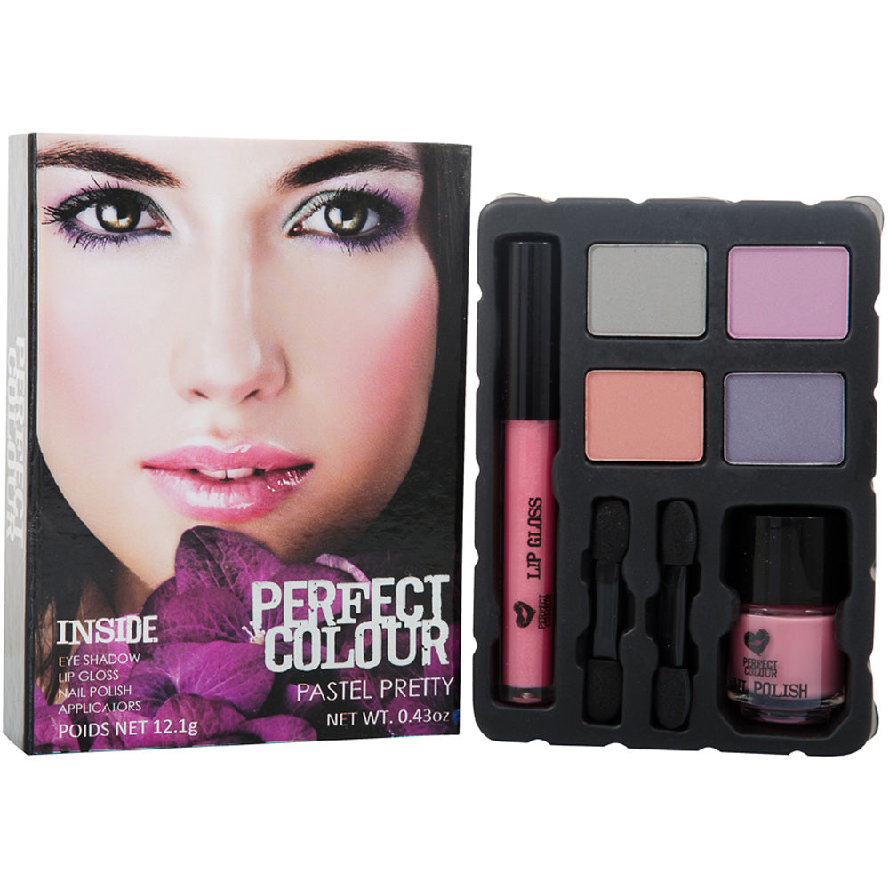 Perfect Colour Pastel Pretty  4 Piece Gift Set: Eye Shadow X4 1.3g - Nail Polish 5ml - Lip Gloss 2.2ml - Dual Sponge Applicator X2
