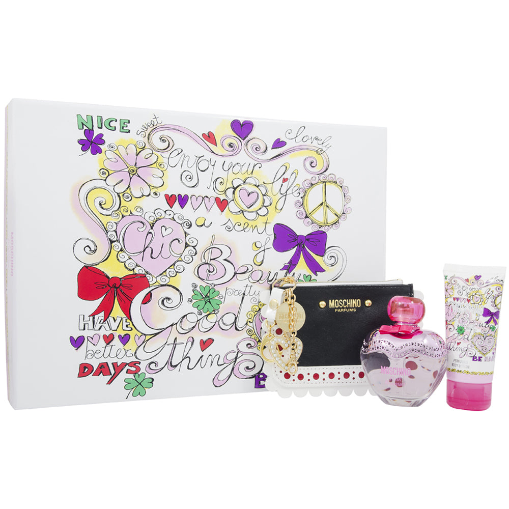 Moschino Pink Bouquet Eau De Toilette 3 Piece Gift Set: Eau De Toilette 50ml - Body Lotion 50ml - Purse