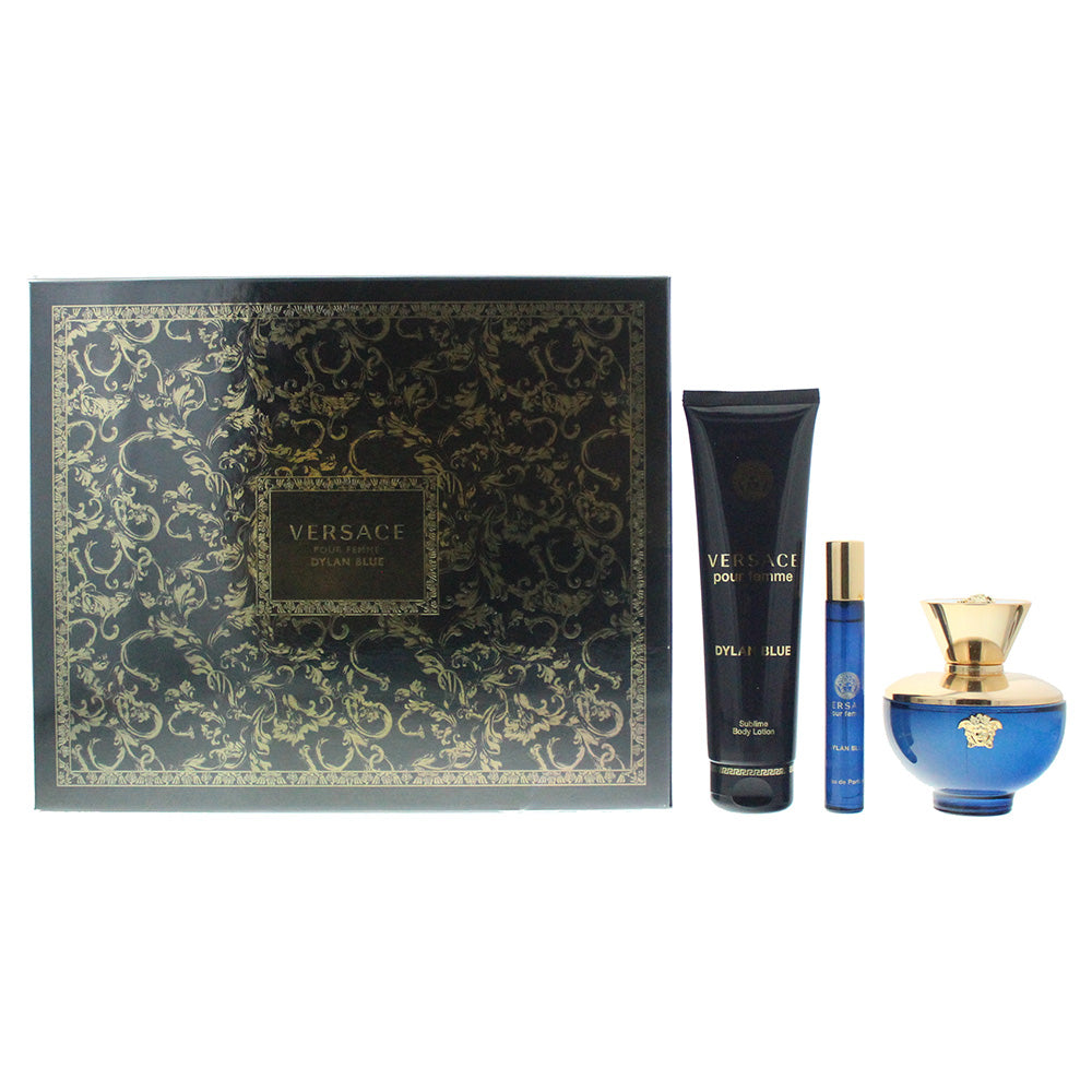 Versace Dylan Blue Pour Femme  Eau De Parfum 3 Piece Gift Set: Eau de Parfum 100ml - Eau de Parfum 10ml - Body Lotion 150ml