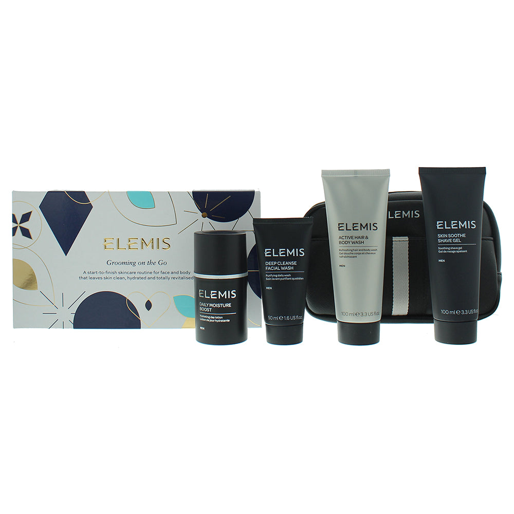 Elemis Grooming On The Go Skincare Set Gift Set : Hair & Body Wash 100ml - Shaving Gel 100ml - Face Wash 50ml - Daily Moisture Boost 100ml - Bag