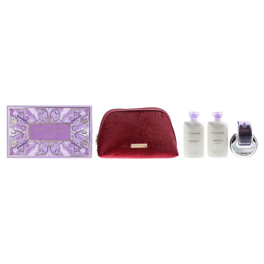 Bulgari Omnia Amethyste  Eau De Toilette 4 Piece Gift Set: Eau De Toilette 65ml - Body Lotion 75ml - Body Lotion 75ml-Pouch