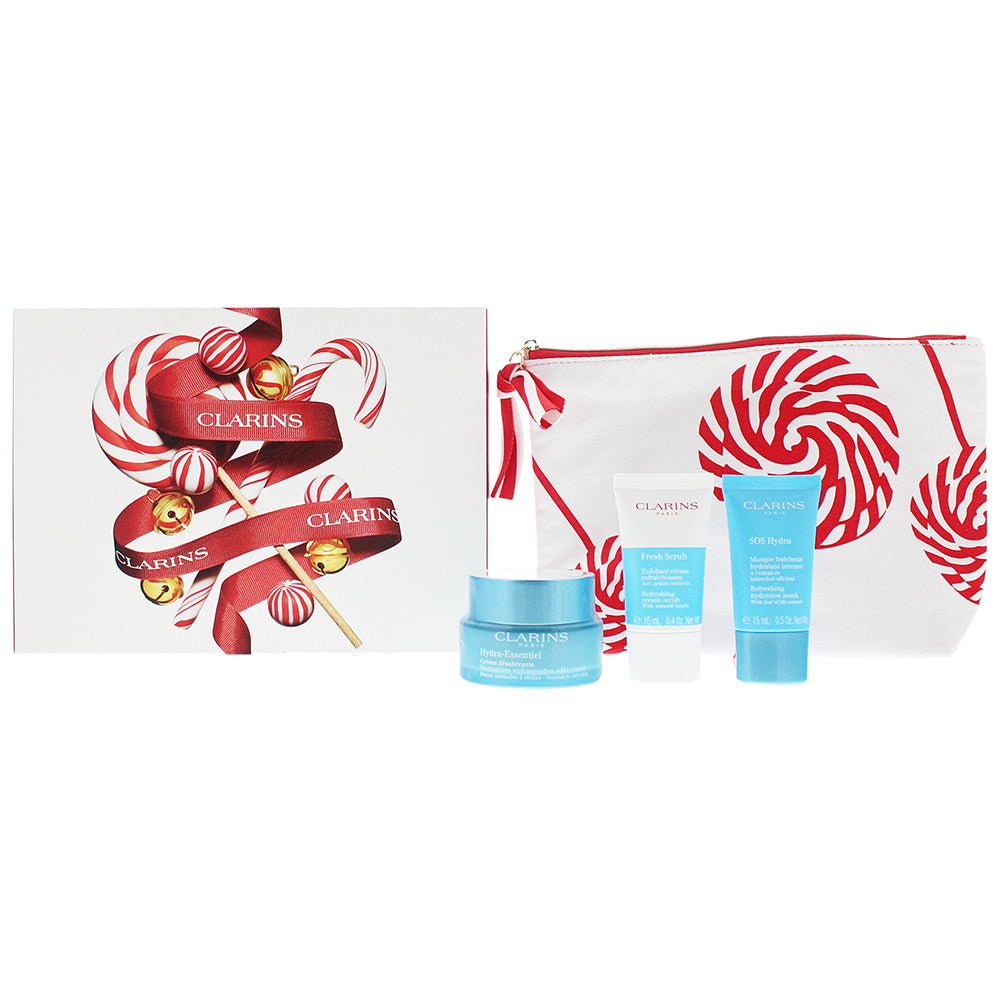 Clarins Hydra-Essentiel 3 Piece Gift Set: Hydra-Essential Cream 50ml - Fresh Scrub 15ml - SOS Hydra Mask 15ml - Pouch