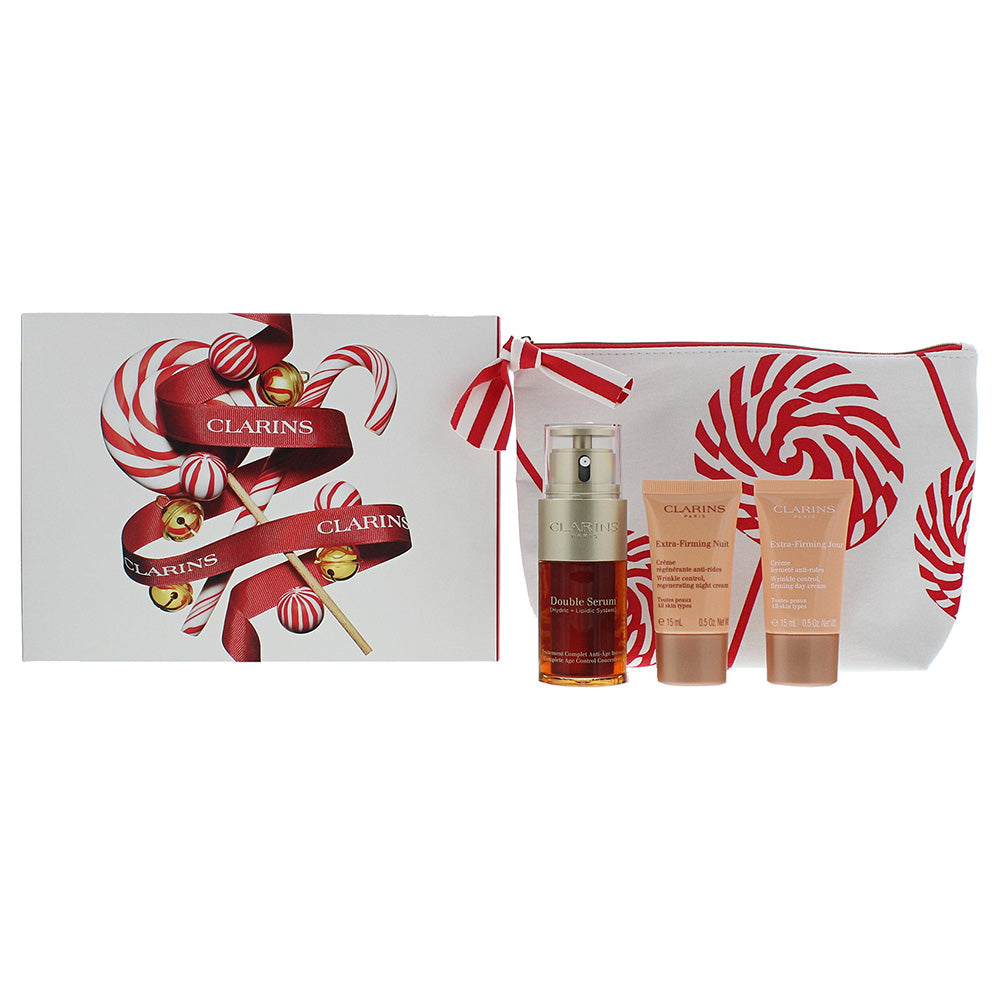 Clarins Double Serum 4 Piece Gift Set: Double Serum 30ml - Extra Firming Day Cream 15ml - Extra Firming Night Cream 15ml - Pouch