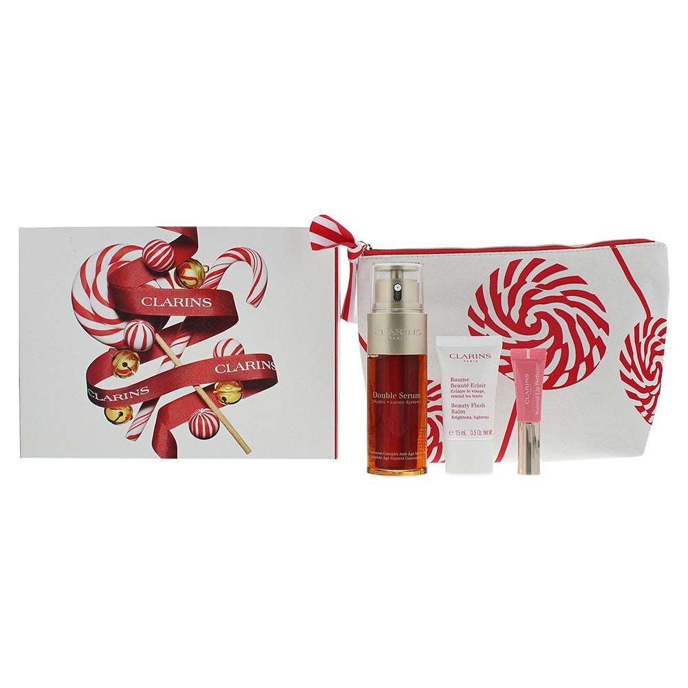 Clarins Double Serum 4 Piece Gift Set: Double Serum 50ml - Beauty Flash Balm 15ml - Lip Perfector #01Rose Shimmer 5ml - Pouch