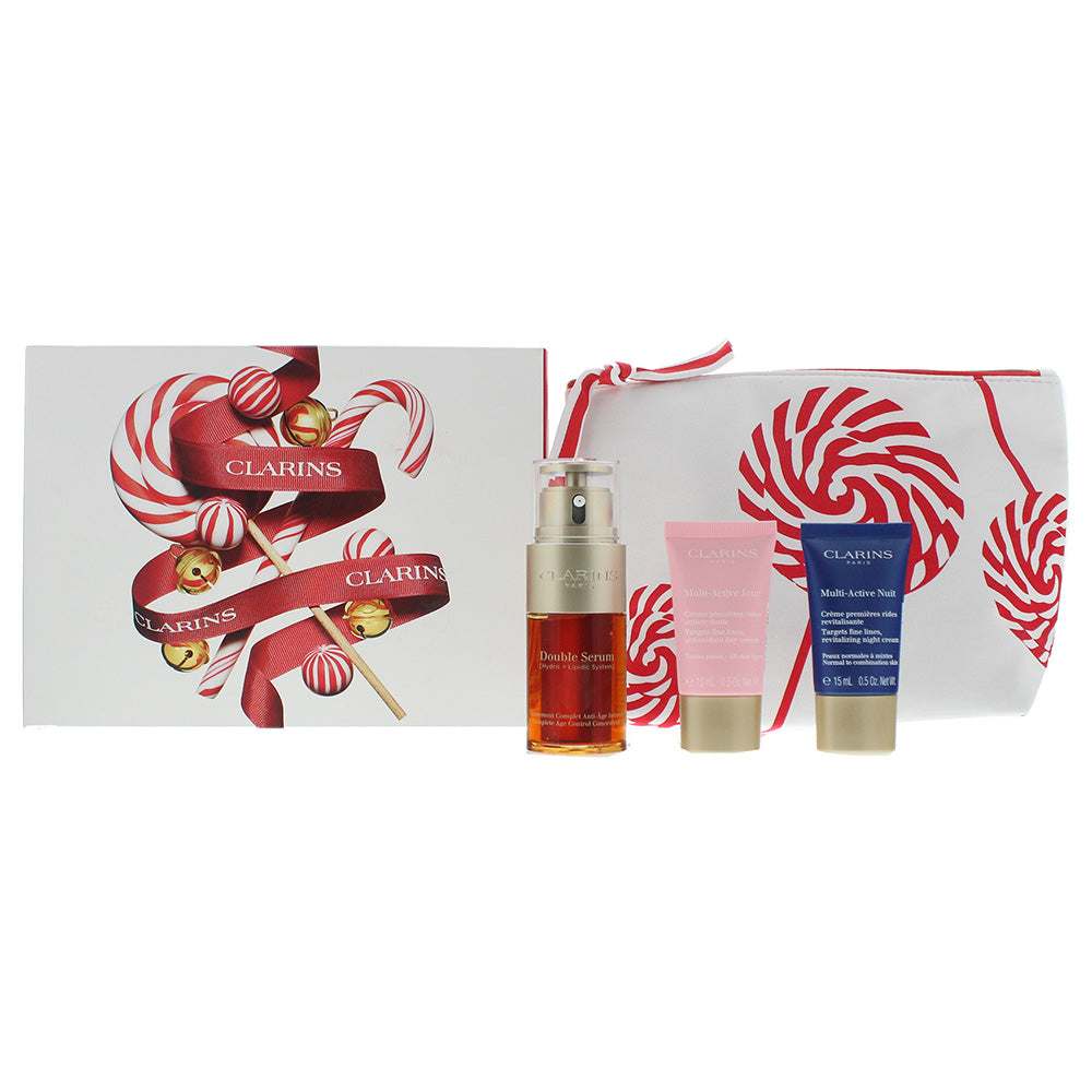 Clarins Double Serum 4 Piece Gift Set: Double Serum 30ml - Multi Active Day Cream 15ml - Multi Active Night Cream 15ml - Pouch