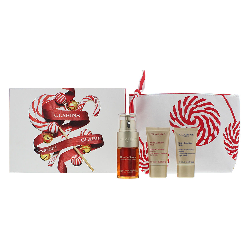 Clarins Double Serum 4 Piece Gift Set: Double Serum 30ml - Nutri Lumiere Day Cream 15ml - Nutri Lumiere Night Cream 15ml - Pouch
