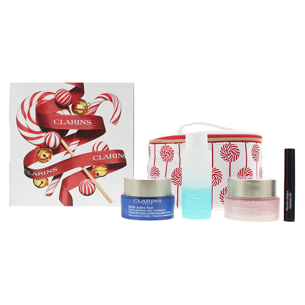 Clarins Multi-Active Day 5 Piece Gift Set: Day Early Wrinkle Correction Cream 50ml - Night Cream 50ml - Eye Make-Up Remover 50ml - Mascara 3ml - Case