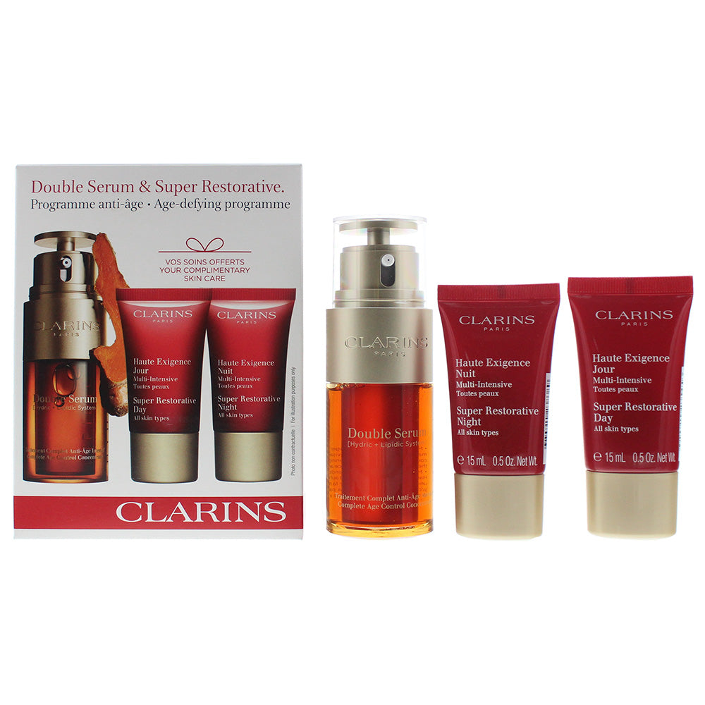 Clarins Double Serum 3 Piece Gift Set: Double Serum 30ml - Super Restorative Day Cream 15ml - Super Restorative Night Cream 15ml