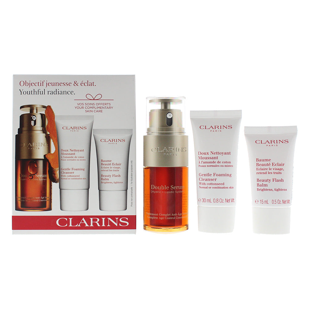 Clarins Double Serum 3 Piece Gift Set: Double Serum 30ml - Gentle Foaming Cleanser 30ml - Beauty Flash Balm 15ml