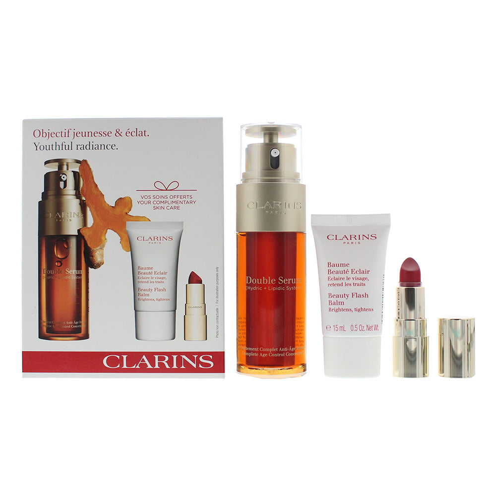 Clarins Double Serum 3 Piece Gift Set: Double Serum 50ml - Beauty Flash Balm 15ml - Joli Rouge Velvet Lipstick #742 1.5g