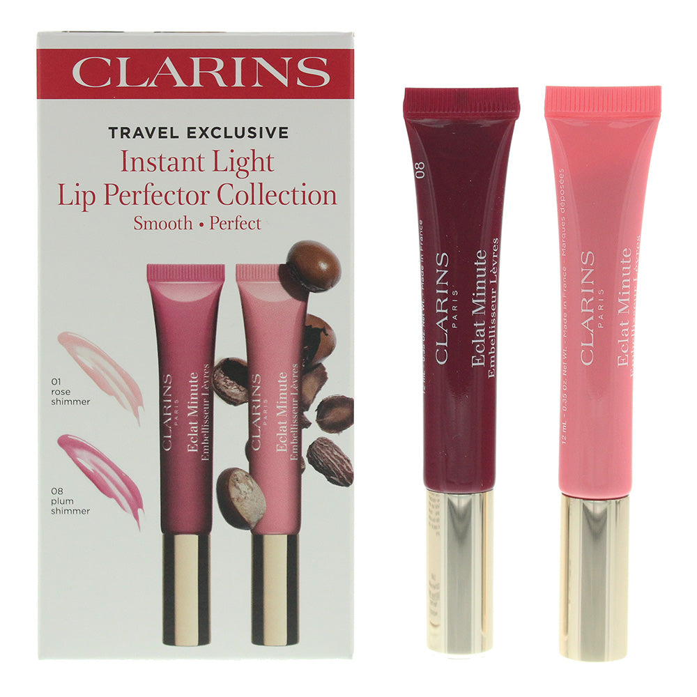 Clarins Instant Light Lip Perfector Duo: 01 Rose Shimmer 12ml - 08 Plum Shimmer 12ml