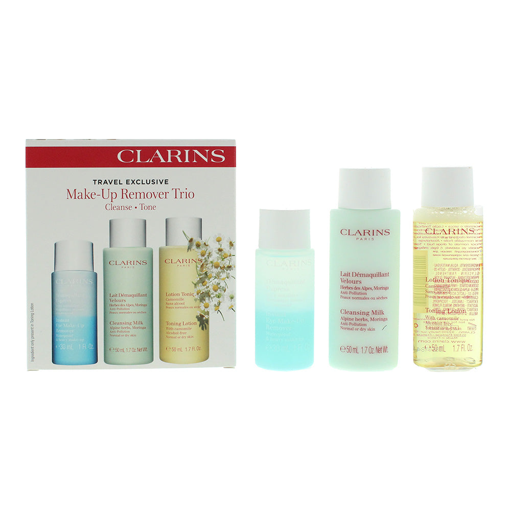 Clarins 3 Piece Gift Set: Eye Make-Up Remover 30ml - Cleansing Milk 50ml -  Toning Lotion 50ml for Normal to Dry Skin