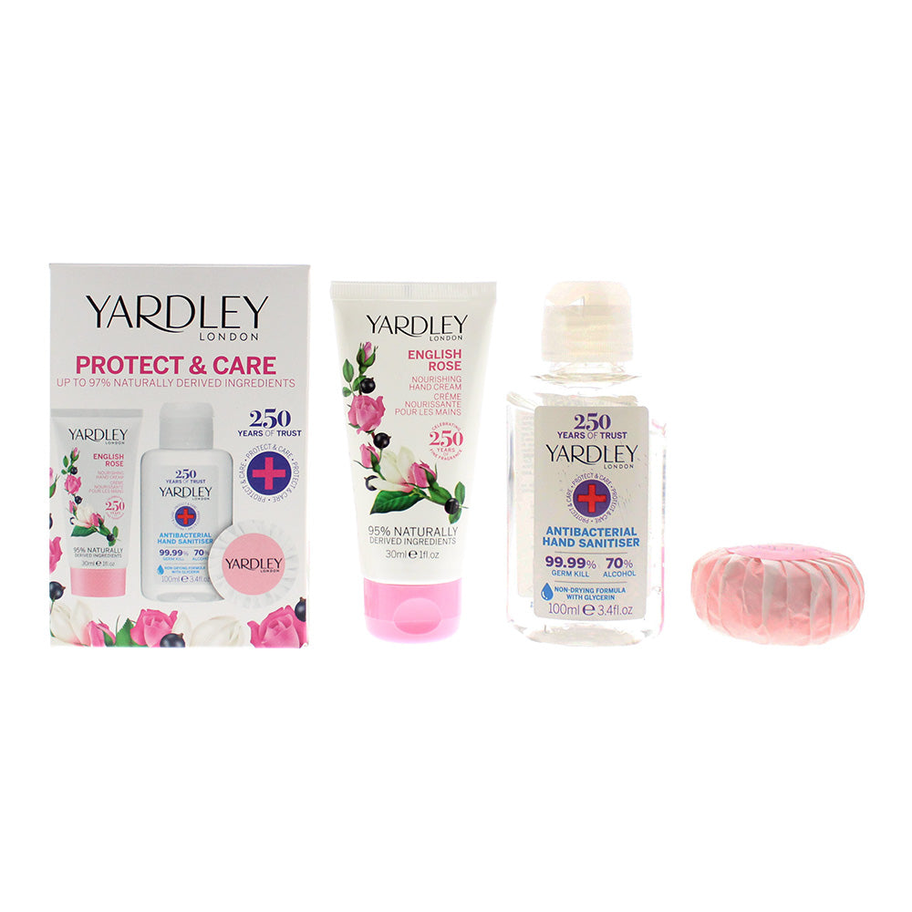 Yardley Protect & Care 3 Piece Gift Set: English Rose Hand Cream 30ml - English Rose Soap 50g - Hand Sanitiser 100ml