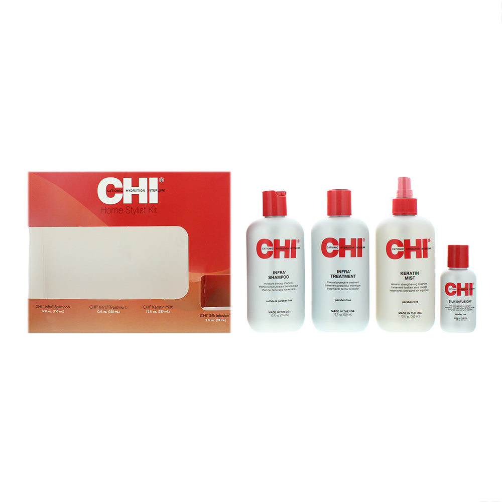 CHI Home Stylist Kit 4 Piece Gift Set: Infra Shampoo 350ml - Infra Treatment 350ml -Keratin Mist 350ml - Silk Infusion 50ml