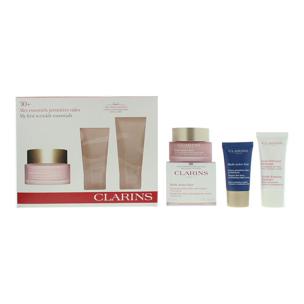 Clarins 3 Piece Gift Set: Multi-Active Jour Day Cream 50ml - Multi-Active Nuit Night Cream 15ml - Gentle Foaming Cleanser 30ml
