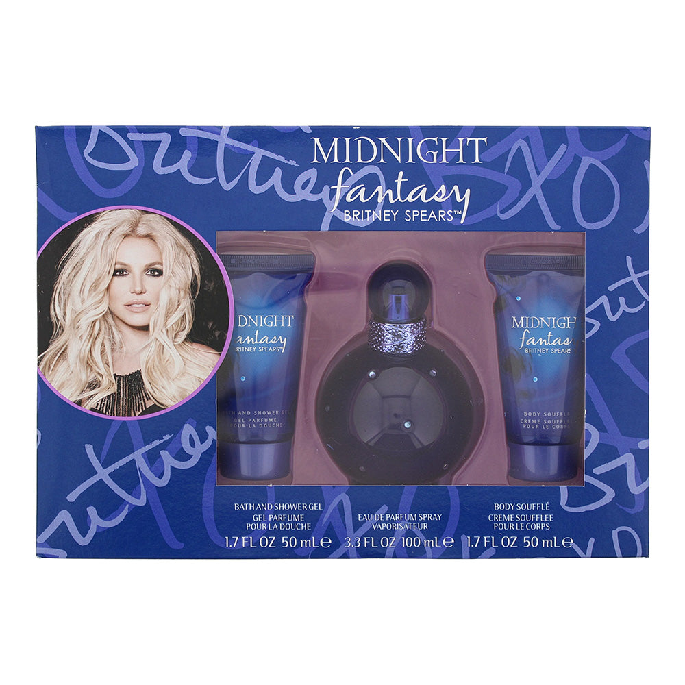 Britney Spears Midnight Fantasy 3 Piece Gift Set: Eau De Parfum 100ml - Shower Gel 50ml - Body Souffle 50ml