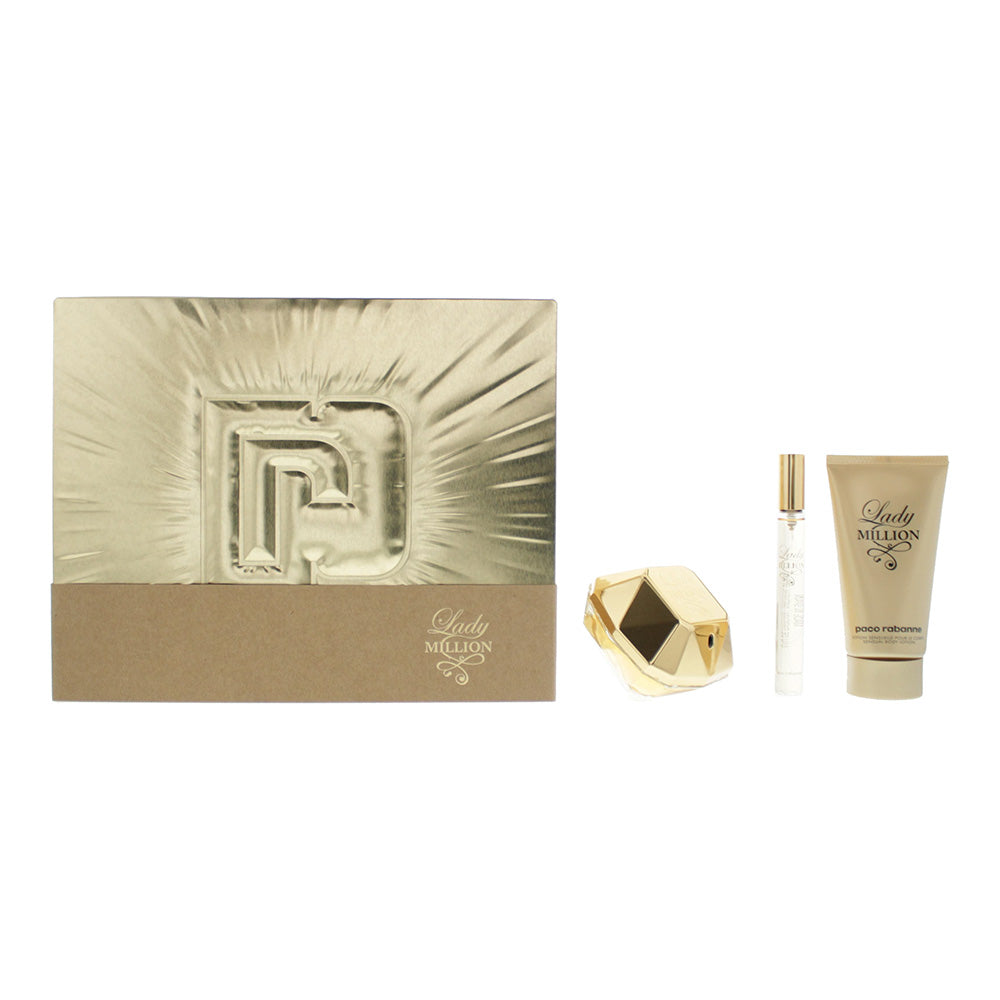 Paco Rabanne Lady Million 3 Piece Gift Set: Eau De Parfum 50ml - Eau De Parfum 10ml - Body Lotion 75ml