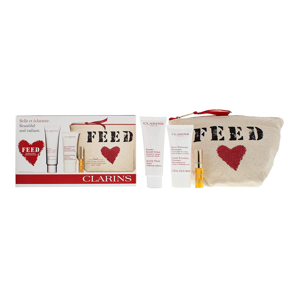 Clarins Feed 3 Piece Gift Set: Foaming Cleanser 30ml - Flash Balm 50ml - Lip Comfort Oil 2.8ml
