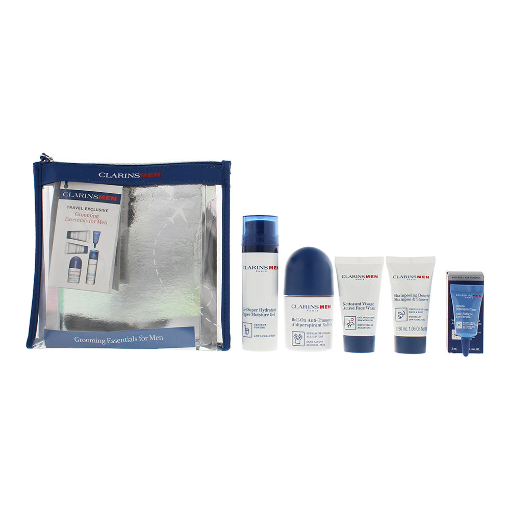 Clarins Men 5 Piece Gift Set: Moisturiser 50ml - Face Wash 30ml - Eye Serum 3ml - Deodorant Roll-On 50ml - Shampoo & Shower 30ml