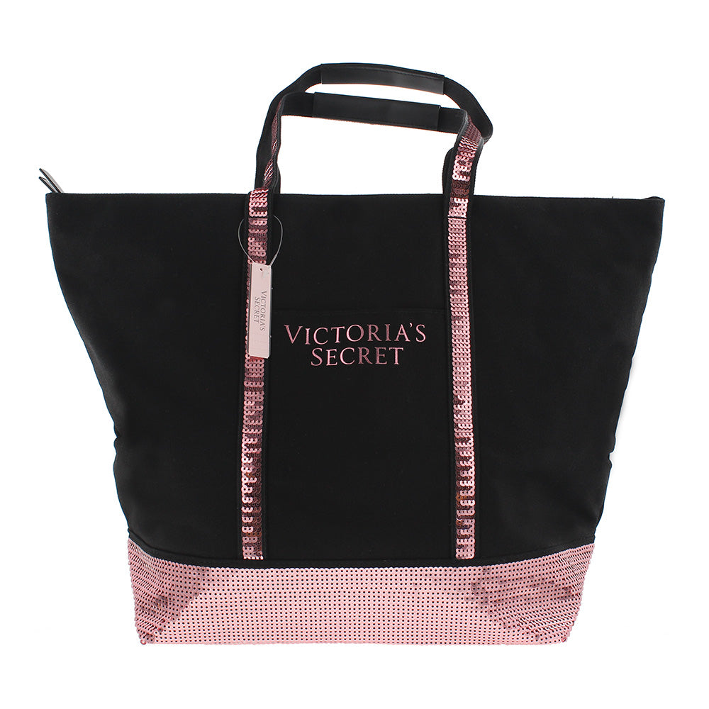 Victoria's Secret Bling Pink Sequin Sparkle Black Tote Shoulder Bag 