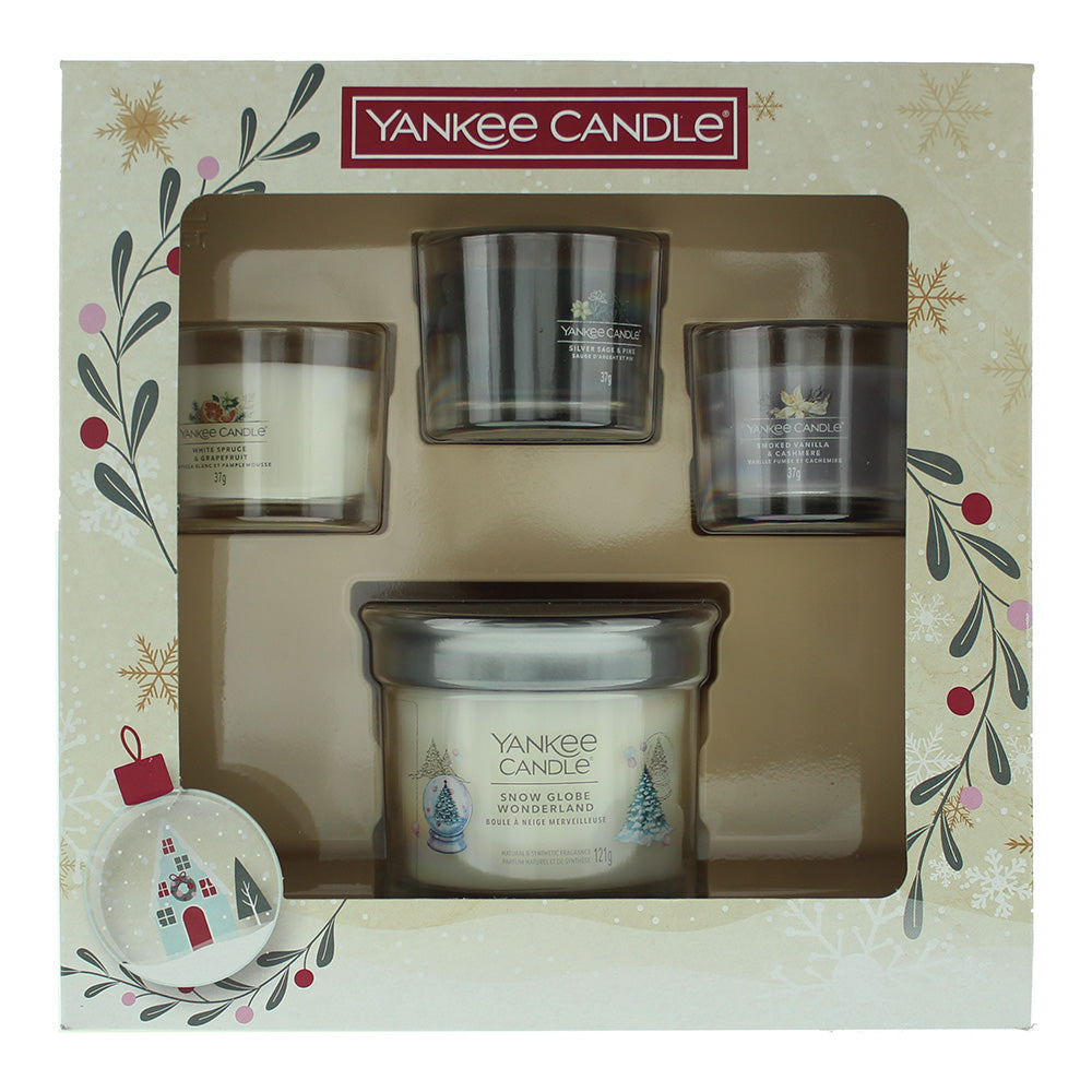 Yankee Candle 4 Piece Gift Set: Snow Globe Wonderland 121g - White Spruce & Grapefruit 37g - Silver Sage & Pine 37g - Smoked Vanilla & Cashmere 37g
