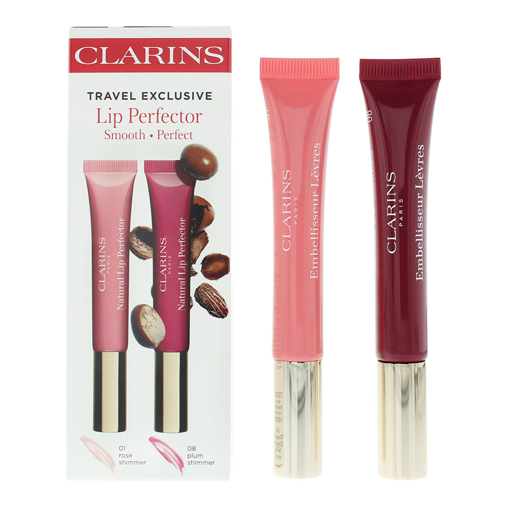 Clarins Lip Perfector 2 Piece Gift Set: 01 Rose Shimmer Lip Gloss 12ml - 08 Plum
